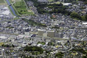 佐倉駅付近の街並みを空撮