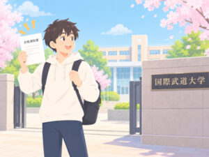 大学校舎前で合格通知書を持つ新入生